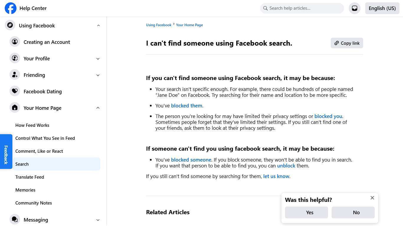 I can't find someone using Facebook search. | Facebook Help Center